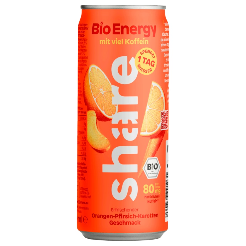 share Bio Energy Drink mit viel Koffein Orangen Pfirsich Karotten Geschmack 0,25l